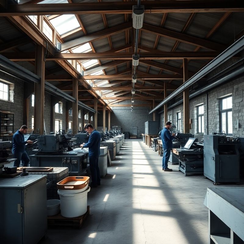 Slovenska proizvodna hala s stroji in delavci pri delu, industrijska svetloba