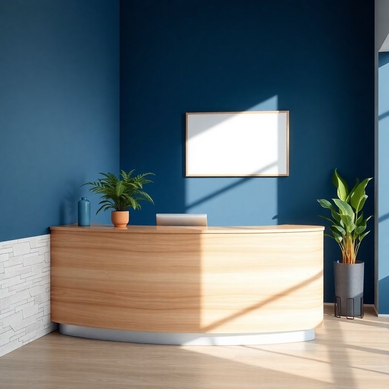 Minimalistična pisarniška recepcija z indigo poudarkom in lončnico